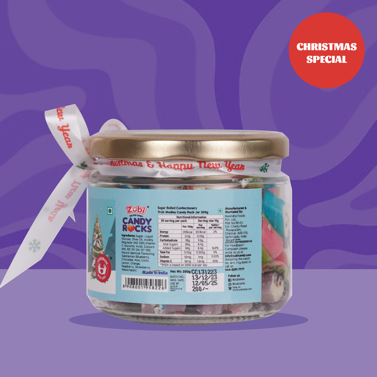 Merry Christmas Zubi Candy Rocks Jar 200g - Enriched with Vitamin C