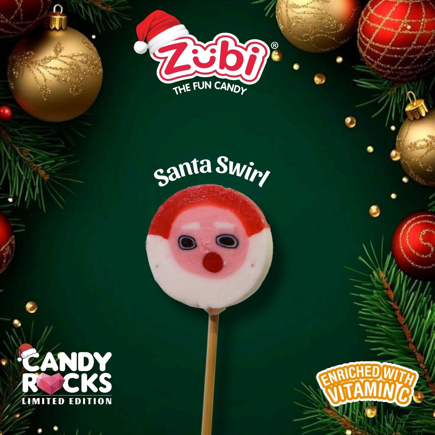 Zubi Santa Swirl Christmas Candy Rocks Lolly  - Enriched with Vitamin C Pack of 6
