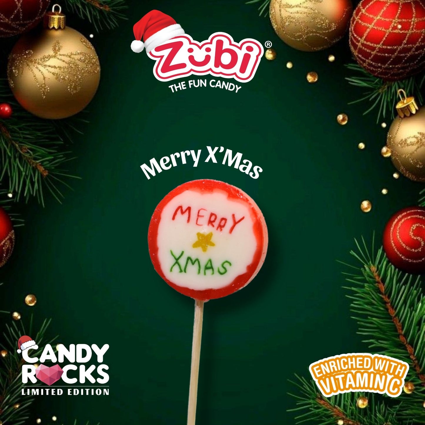 Zubi Merry XMas Christmas Candy Rocks Lolly - Enriched with Vitamin C Pack of 6