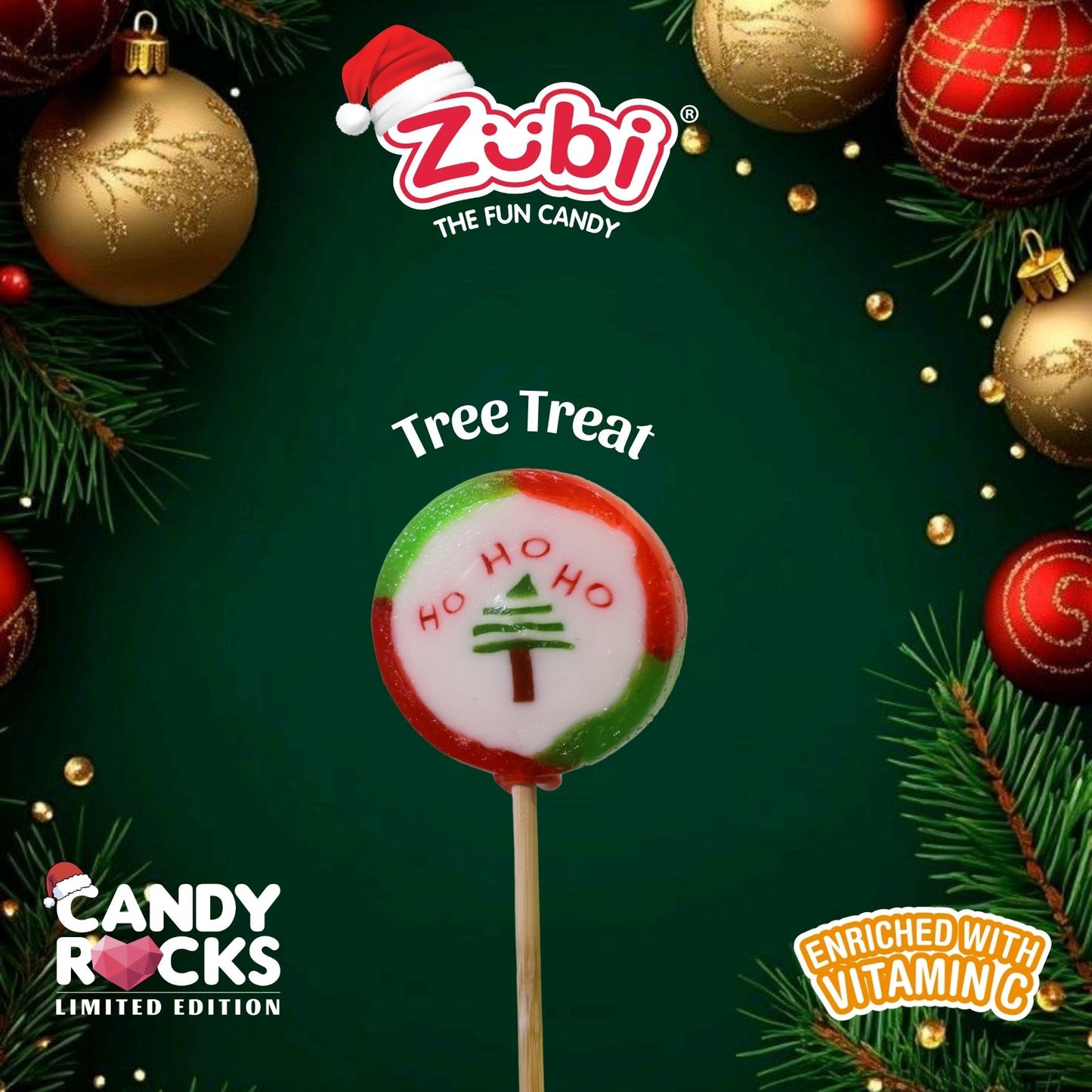 Zubi Christmas Tree Candy Rocks Lolly  - Enriched with Vitamin C Pack of 6